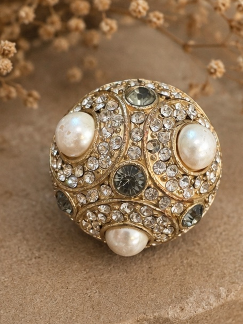 Vintage Statement Faux Pearl & Crystal Cocktail Ring – Gold Tone
